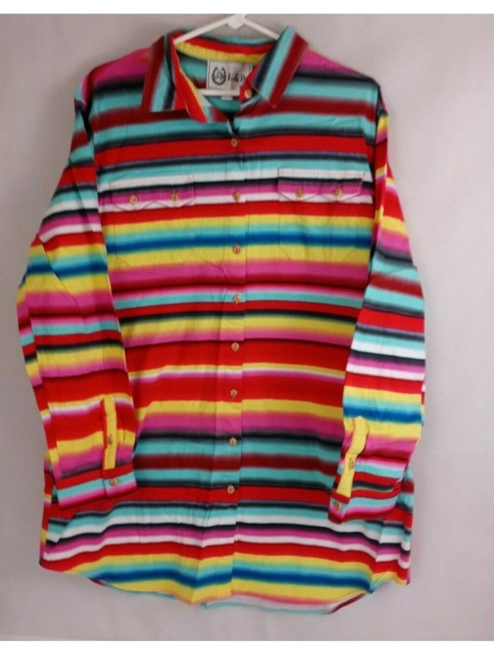 Vintage L&B Men's Colorful Striped Casual Shirt With Floral Buttons Size L/XL